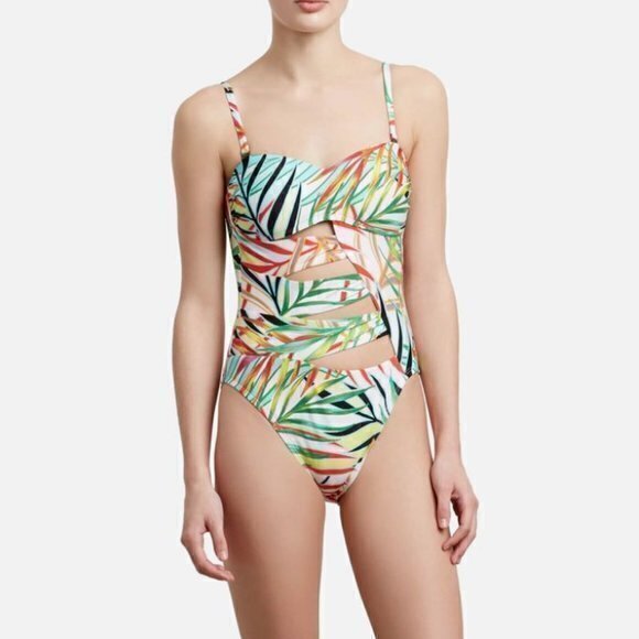 Kenneth Cole Women's  White Tropical Cut-Out Bandeau One-Piece‎ Size L - Picture 1 of 8